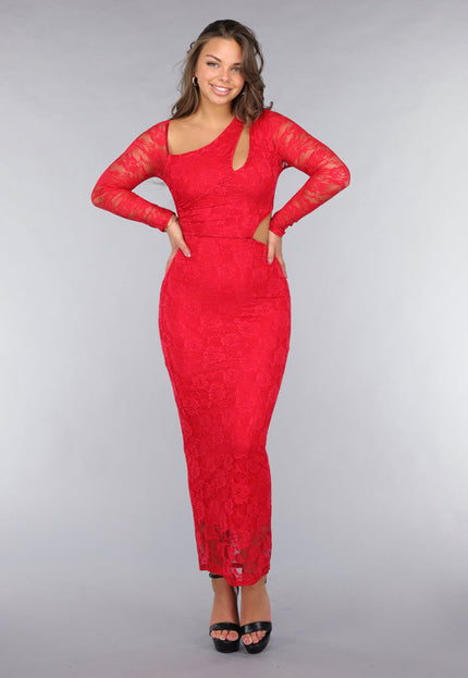 OP=OP.AV.12 Rode Longsleeve Kanten Cut-Out Jurk