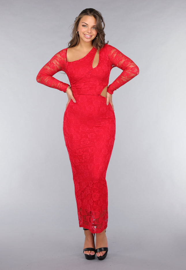 OP=OP.AV.12 Rode Longsleeve Kanten Cut-Out Jurk