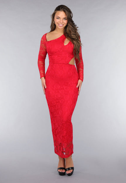 OP=OP.AV.12 Rode Longsleeve Kanten Cut-Out Jurk