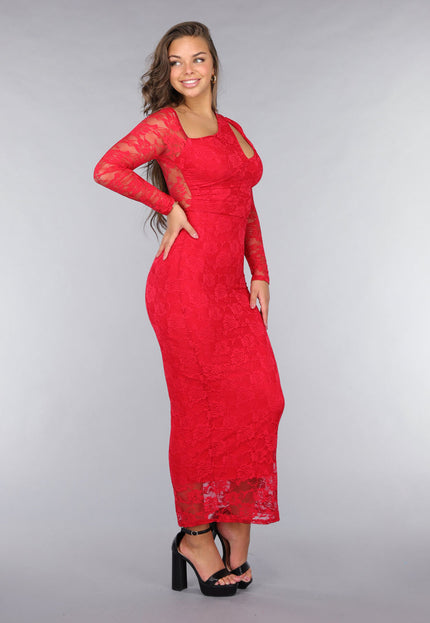 OP=OP.AV.12 Rode Longsleeve Kanten Cut-Out Jurk