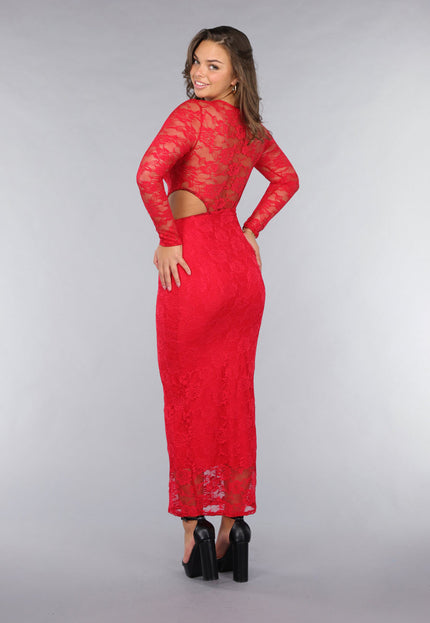 OP=OP.AV.12 Rode Longsleeve Kanten Cut-Out Jurk