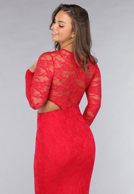 OP=OP.AV.12 Rode Longsleeve Kanten Cut-Out Jurk