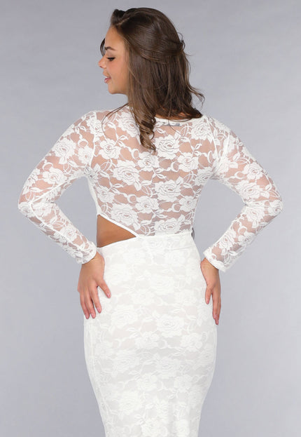 OP=OP.AV.12 Witte Longsleeve Lace Jurk met Cut-Outs