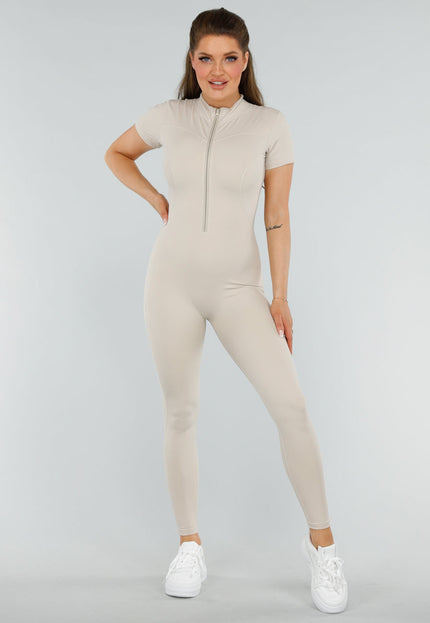 NEW260325 Beige Sport Jumpsuit met Korte Mouwen