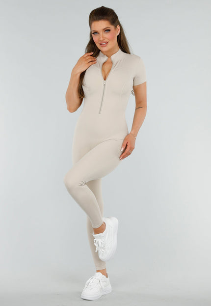 NEW260325 Beige Sport Jumpsuit met Korte Mouwen