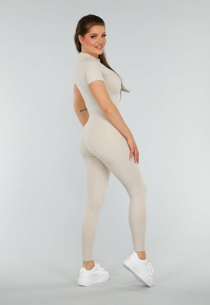NEW260325 Beige Sport Jumpsuit met Korte Mouwen
