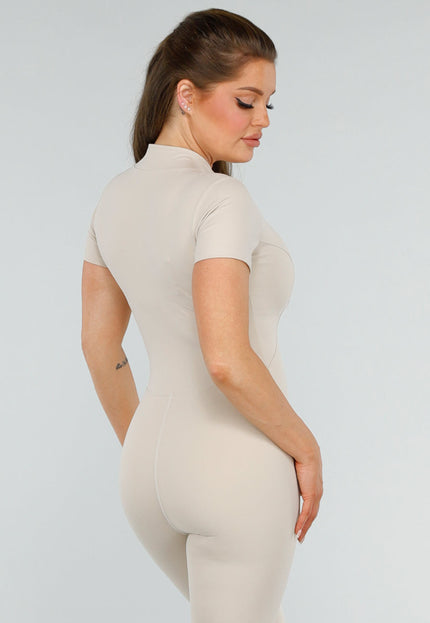 NEW260325 Beige Sport Jumpsuit met Korte Mouwen