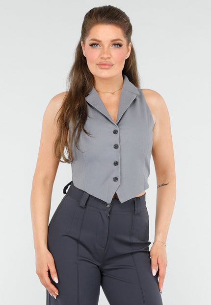 NEW260325 Grijs Gilet met Knopen en Strik Achterkant