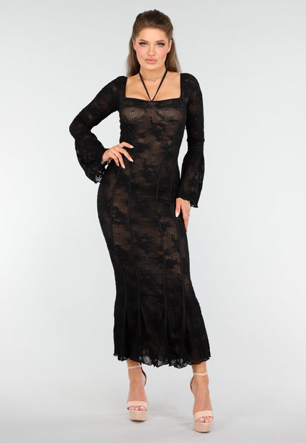 OP=OP.43.NL Kanten Zwarte Jurk met Fishtail Effect