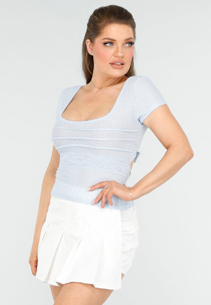 OP=OP.AV.09 Lichtblauwe Gehaakte Top met Kant