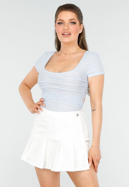 OP=OP.AV.09 Lichtblauwe Gehaakte Top met Kant