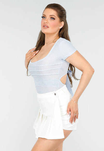 OP=OP.AV.09 Lichtblauwe Gehaakte Top met Kant