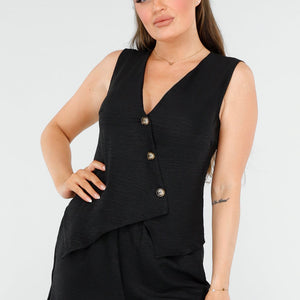 NEW260325 Two Piece met Short en Asymetrische Zwarte Gilet