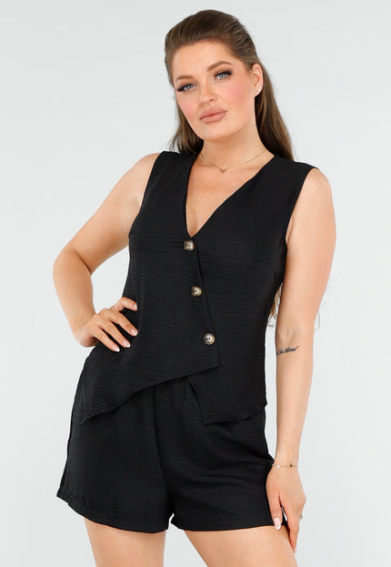 NEW260325 Two Piece met Short en Asymetrische Zwarte Gilet