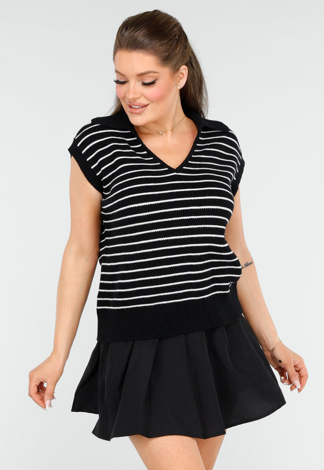 OP=OP.AV.09 Zwarte Gestreepte Spencer met Kraag