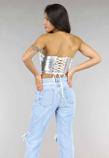 OP=OP.AV.09 Metallic Zilveren Korset Top