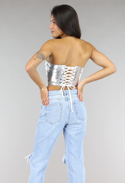 OP=OP.AV.09 Metallic Zilveren Korset Top