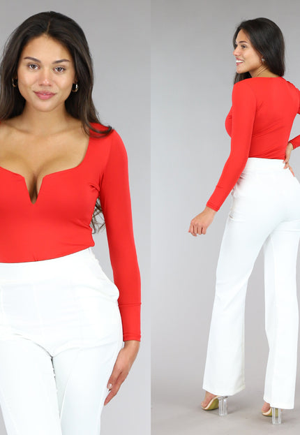 NEW2604 Rode Bodysuit met Diepe V-Hals