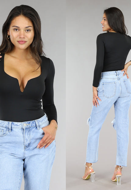 NEW2604 Zwarte Bodysuit met Diepe V-Hals
