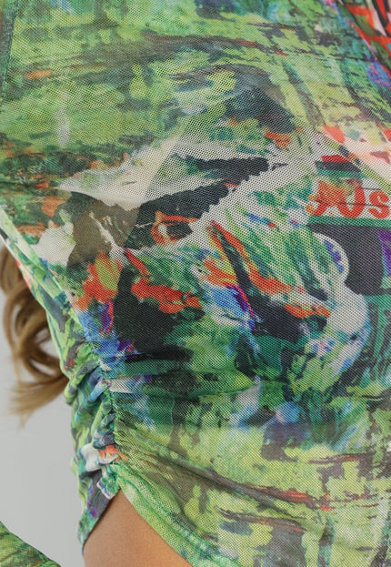 NEW2606 Groene Asymmetrische Mesh Top met Strikdetail