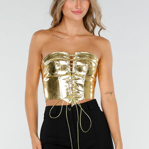 NEW2607 Metallic Gouden Korset Top