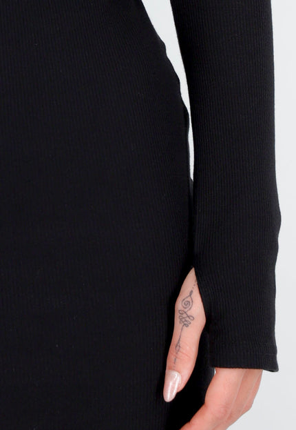 NEW260826 Basic Zwart Rib Bodycon Jurkje