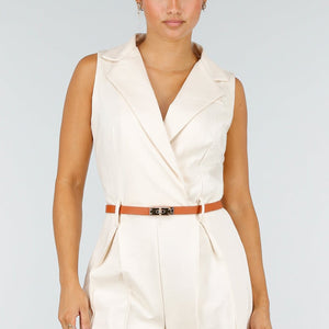 NEW260826 Beige Mouwloze Playsuit met Bruine Riem