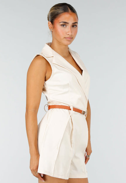 NEW260826 Beige Mouwloze Playsuit met Bruine Riem