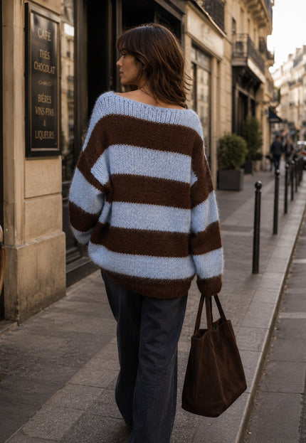 NEW260826 Blauw-Bruin Gestreepte Gebreide Trui