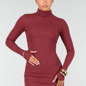 NEW260826 Bordeaux Rib Midi Jurk met Col