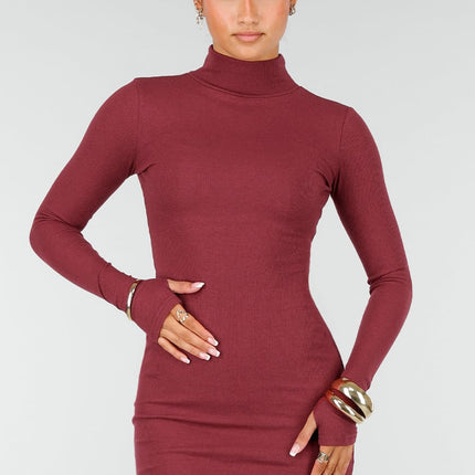 NEW260826 Bordeaux Rib Midi Jurk met Col