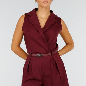 NEW260826 Bordeauxrode Stretch Playsuit met Riem