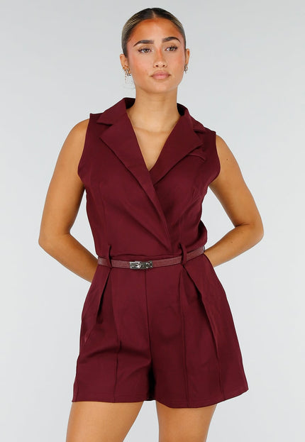 NEW260826 Bordeauxrode Stretch Playsuit met Riem