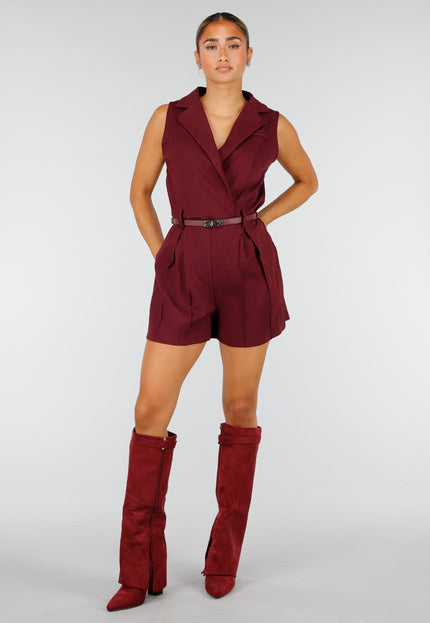 NEW260826 Bordeauxrode Stretch Playsuit met Riem