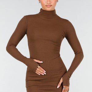 NEW260826 Bruine Rib Midi Jurk met Col