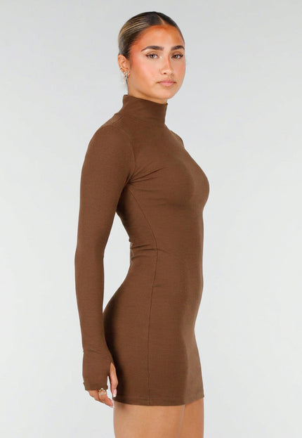 NEW260826 Bruine Rib Midi Jurk met Col