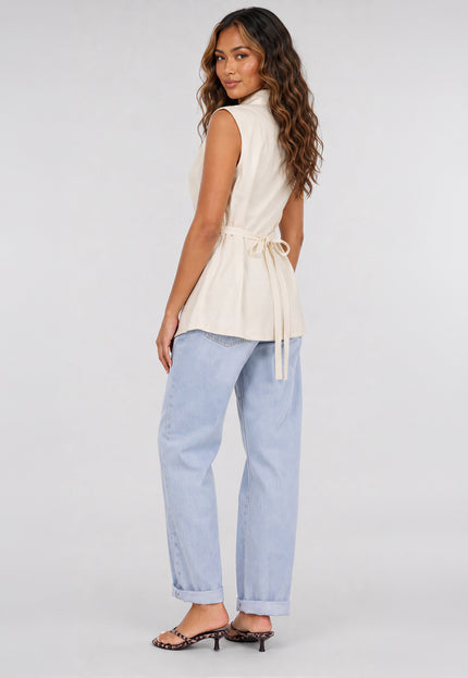 NEW260826 Crèmekleurig Mouwloos Gilet met Tailleriem