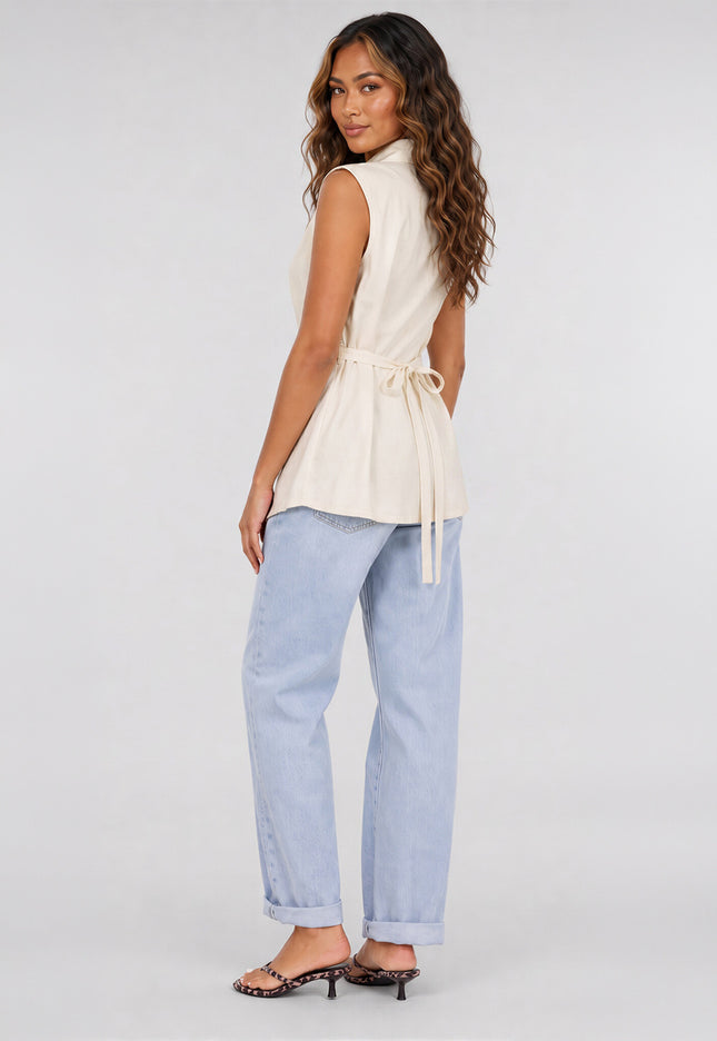 NEW260826 Crèmekleurig Mouwloos Gilet met Tailleriem