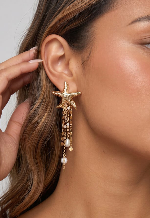 NEW260826 Gouden Zeester Oorbellen met Parels