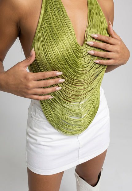 NEW260826 Groene Fringe Halter Top met Padded Ondertop