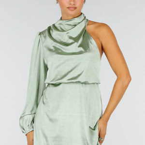 NEW260826 Groene Satijnen One Shoulder Stretch Jurk