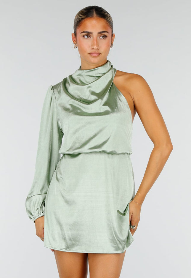 NEW260826 Groene Satijnen One Shoulder Stretch Jurk