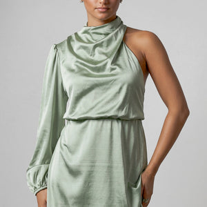 NEW260826 Groene Satijnen One Shoulder Stretch Jurk