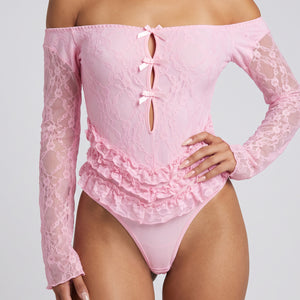 NEW260826 Roze Kanten Lingerieset met Strikjes
