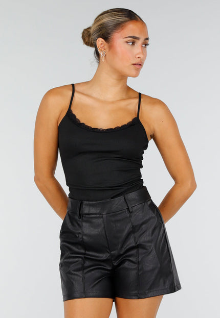 NEW260826 Zwarte Rib Top met Spaghettibandjes en Kant