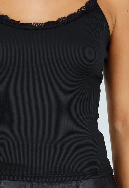 NEW260826 Zwarte Rib Top met Spaghettibandjes en Kant