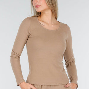NEW261125 Beige Stretch Fleece Top met Ronde Hals