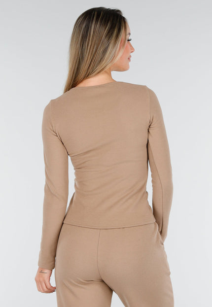 NEW261125 Beige Stretch Fleece Top met Ronde Hals