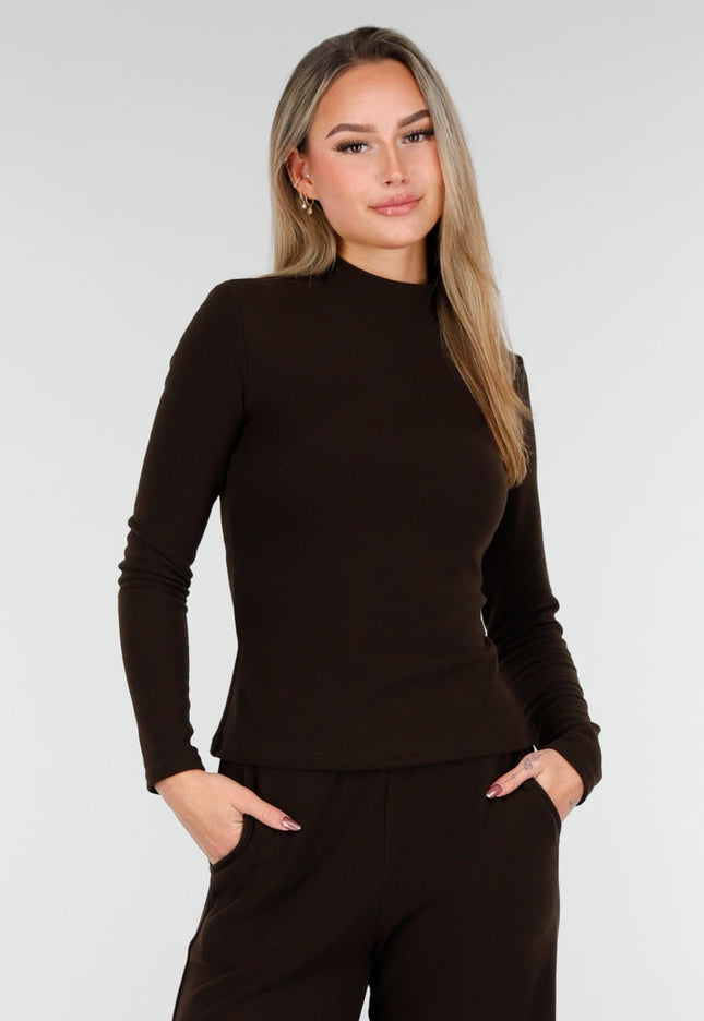 NEW261125 Bruine Fleece Stretch Top met Col