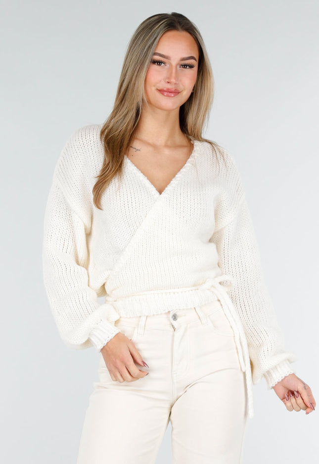 NEW261125 Ecru Gebreide Overslag Trui